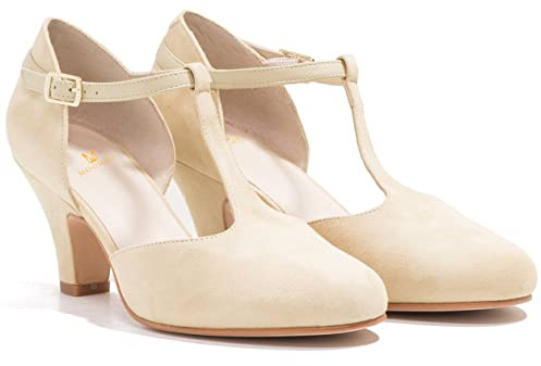 MOOMMO Chunky Block Heel Mary Jane Pumps Shoes Beige Women Ankle Strap Round Closed Toe Cut Out Pink Dress Shoes Kitten Heel Suede Work Shoes White D-Orsay T-Strap Office Wedding Suede Beige 9 M US
