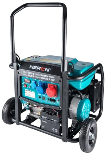 Heron Générateur électrique essence 17 CV I 8,2 kW / 10,25 kVA (400 V) et 6,5 kW (230 V) I Générateur avec réservoir de 28 l, châssis et démarreur électrique I Groupe électrogène mobile avec système