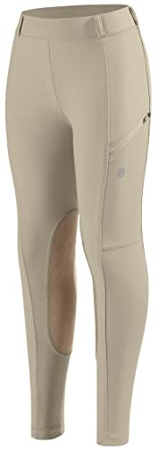 SANTINY Girls Horse Riding Pants with Zipper Pockets Kids Stretchy Equestrian Breeches Knee-Patch Youth Schooling Tights (Khaki_L)
