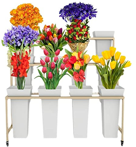 Soporte de exhibición de flores con cubos - 3 niveles 12 cubos, soporte de plantas, soporte de exhibición móvil de la tienda de flores con ruedas, para el jardín del patio interior al aire libre (D)