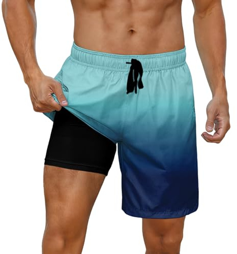 Cozople Mens Swim Shorts 7 Inch Inseam Swimming Trunks with Compression Liner Anti Chafe Swimsuit Boxer Brief Lined Bathing Suit Green Blue Gradient Swimwear with Pocket M