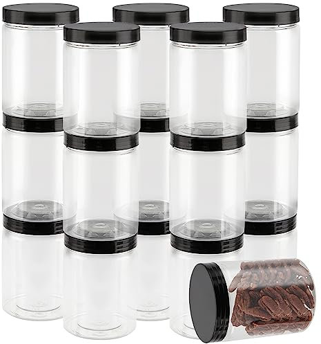 ZEONHEI Confezione da 16 barattoli in plastica da 450 ml con coperchio nero, piccoli contenitori in plastica trasparente ricaricabili da 450 ml, rotondi, vuoti, a prova di perdite, per la