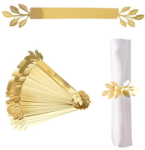 URROMA 50 Pcs Gold Leaves Napkin Rings, Reflective Gold Leaf Design Paper Napkin Holder Buckles for Dinner Party Celebration Valentine Table Decor
