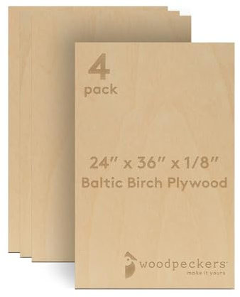 Baltic Birch Plywood 24 x 36 x 1/8 Inch - 3 mm Craft Wood, Pack of 4 B/BB Grade, Stronger Than Basswood Sheets or Balsa Wood, Perfect for Laser, CNC Cutting, Wood Burning, by Woodpeckers