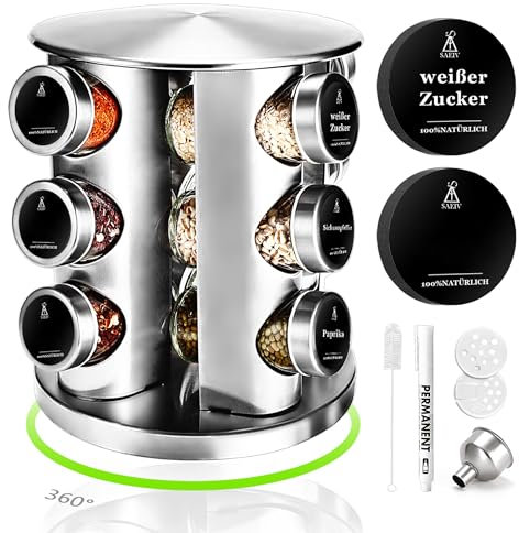 SAEIV 360° Rotation Gewürzregal Stehend | Gewürze drehteller organizer | 12 100ml-Gewürzgläser | Dreifach Gewürzregale Drehbar | Deutsch Gewürzetiketten | Küche Regal | Gewürz Organizer