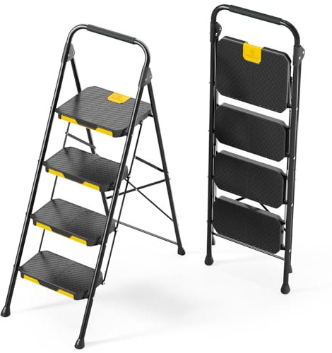 KINGRACK Escalera Plegable de 4 Peldaños con Bloqueo de Seguridad, Escalera de Tijera Doméstica Carga hasta 360kg con Pedal Ancho Antideslizante, Pasamanos, Taburete de Acero, para Hogar Cocina, Negro