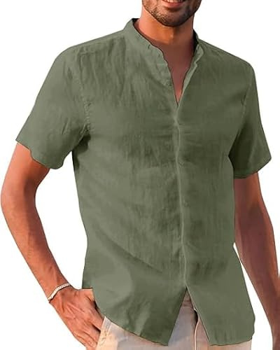 Runcati linneskjorta män sommar kortärmad fritidsskjorta regular fit strandskjorta enfärgad casual skjortor