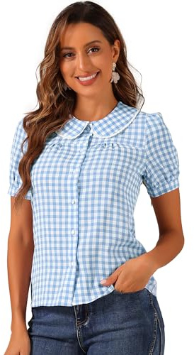 Allegra K Chemisier à Carreaux pour Femmes Contraste à Manches Courtes Bouffantes Haut Chemise à col Claudine Bleu Ciel M
