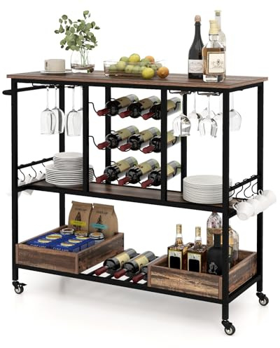 KOMFOTTEU Carrello da Cucina con Ruote, Carrello di Servizio con Portabottiglie, Portabicchieri Ganci, Carrello Portaoggetti a 3 Ripiani per Bar, Casa, Cucina, 108 x 40 x 91 cm (Grigio)