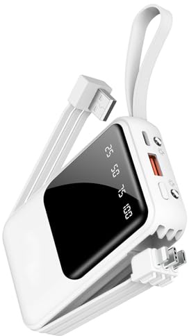 Powerbank på 10 000 mAh, snabb laddning, bärbar laddare med integrerade kablar, liten USB-C-batteripack för iPhone 16, 15, 14, 13, Android, Google Pixel, etc (Vit)