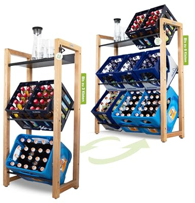 bevo - Estantería para cajas de bebidas para 2 – 6 cajas de madera de roble con estante de metal – Estantería para bebidas y estantería para cajas con 2 barras (ajustable individualmente) - Estantería