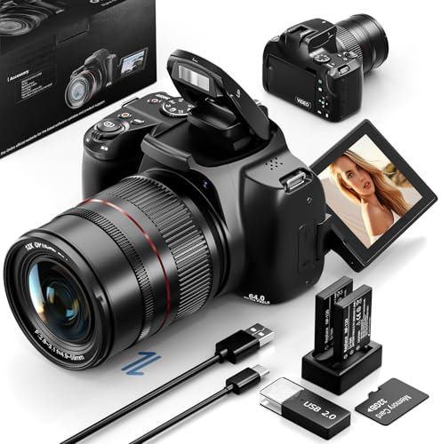 NBD 4K Digitalkamera 64MP mit CMOS Sensor & 12X optischem Zoom, 3 270° Drehdisplay, 4K/60fps Video, WiFi/HDMI – Profi-Vlogging Kit inkl. 32GB Karte + 2 Akkus(Schwarz)