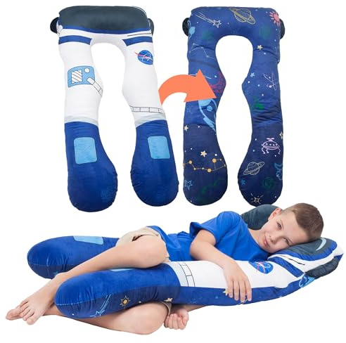 MKS Cojín infantil para cama para dormir 60 x 120 cm, almohada para dormir de lado para niños, almohada antiestrés, cojín cómodo para niños para controlar el estrés, cojín de peluche (Astronauta)