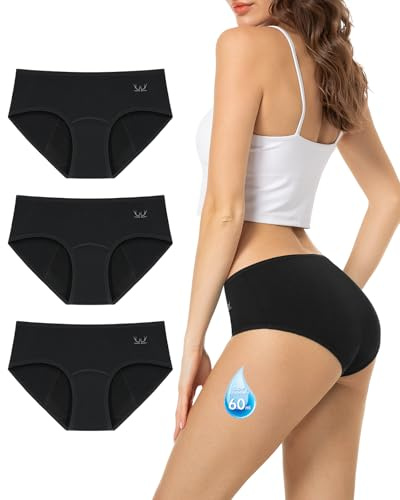 Periodenunterschwäsche Starke Blutung Perioden Bikini Unterwäsche Menstruationsunterwäsche Mädchen 60ML Auslaufsicher Periodenslip Unterhosen Damen Baumwolle Periodenunterwäsche, 3er Pack Schwarz L