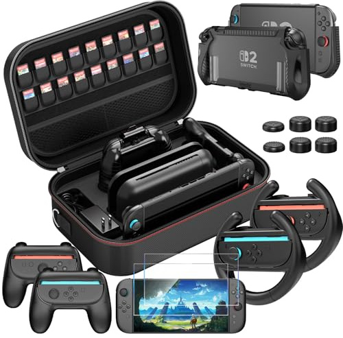 HEYSTOP Étui pour Nintendo Switch 2 Kit d'accessoires avec Housse de Protection Switch 2, Dockable Coque pour Switch 2 Film Trempé Volant de Course et Grip Joy-Con pour Manette Nintendo Switch 2
