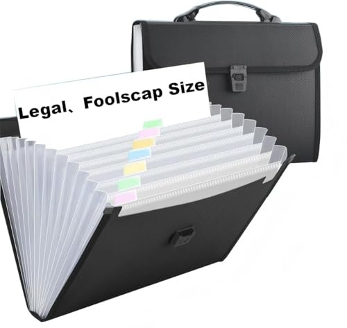 Extra Large Foolscap/Legal Size 13 Pockets Expanding File Folder with Handle, TRANBO Portable A+ Concertina File Organizer, Plastic Document Wallet for Paper Work Travel School Office - Black