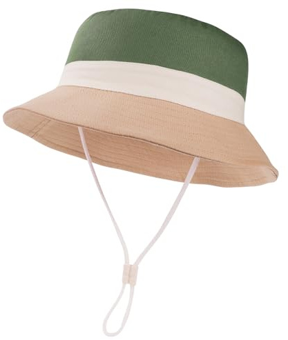 QKURT Kids Summer Sun Hat, Adjustable UV Protection Bucket Hat Windproof Beach Outdoor Fisherman Cap with Breathable Cotton Lining, Color Block Design, for Unisex Kids Boys Girls 1-6 Years Old