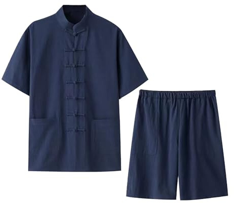 Nlaayong Tuta Estiva Uomo,Cotone Lino Tai Chi Set per Uomo - 2 Pezzi Cinese Tradizionale Tang Suit Arti Marziali Abbigliamento Camicias + Pantaloncini