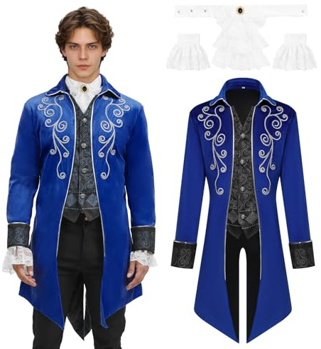 JDFAIJEAL Medieval Men's Steampunk Tailcoat,Vintage Victorian Gothic Tailcoat,Halloween Pirate Vampire Cosplay Costumes(Blue, S)