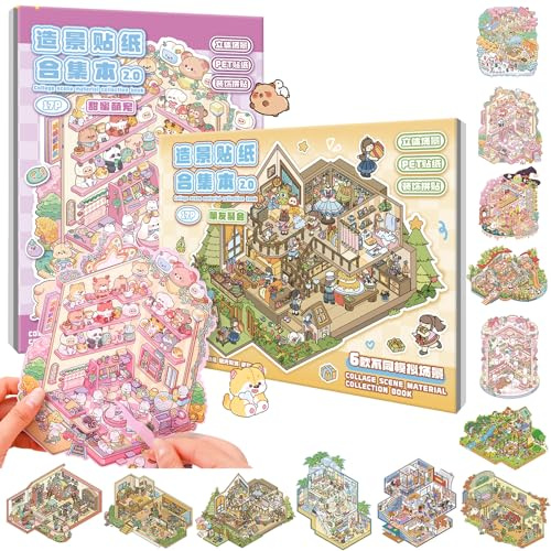 ANBOOR 12 juegos de grandes escenas de pegatinas 3D DIY, 2 libros de pegatinas con lindos animales kawaii y pegatinas de escena 3D para fiestas, crea tus propias escenas de casa en miniatura para
