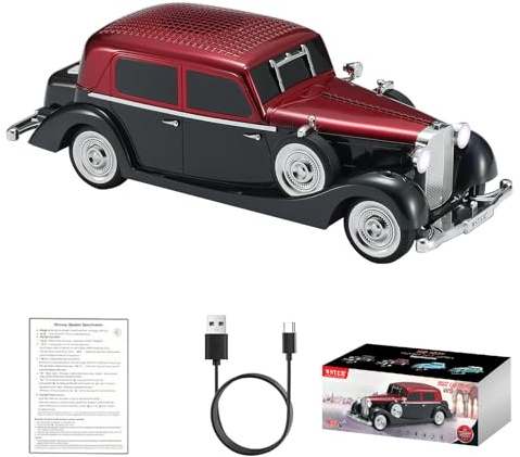 WSTER WS-1934 Klassisk Bluetooth-högtalare i retrobil: HD trådlöst ljud med FM-radio, TWS-stereo, LED-festlampor, inbyggd mikrofon och handsfree-samtal (röd)