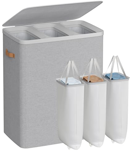 SONGMICS Laundry Basket with Lid, 190 L Triple Compartment, Removable Liner | Laundry Hamper with Lid and Handles, 64 x 40 x 75 cm, Easy Assembly, Dove Grey, BROSI Collection LCB814GD01