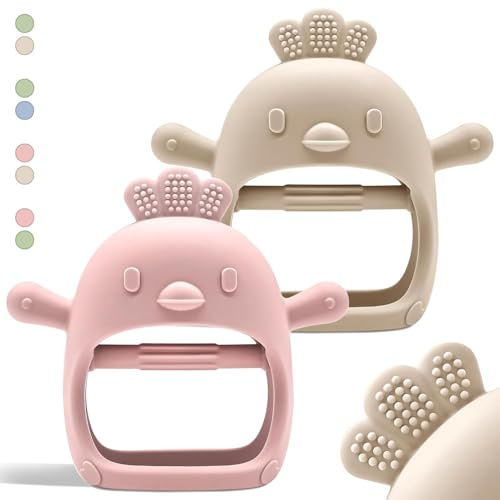 TKLake 2 Pack Baby Teething Toys, Teething Mittens for Babies, Toys 0-6 Months, Silicone Teether for Toddler Infant, Baby Boy Girl Shower Gifts Teething Relief Chew Toys Biting Toy(Beige Pink Chick)