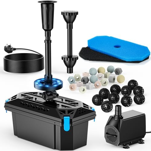 POPOSOAP RGB Pond Fountain & Pond Filter Kit, 2500 L/H Pond Filter Pump with RGB Auto-Cycle LED Lights & Adjustable Flow, Outdoor Water Feature for Garden Ponds (Corded Electric)