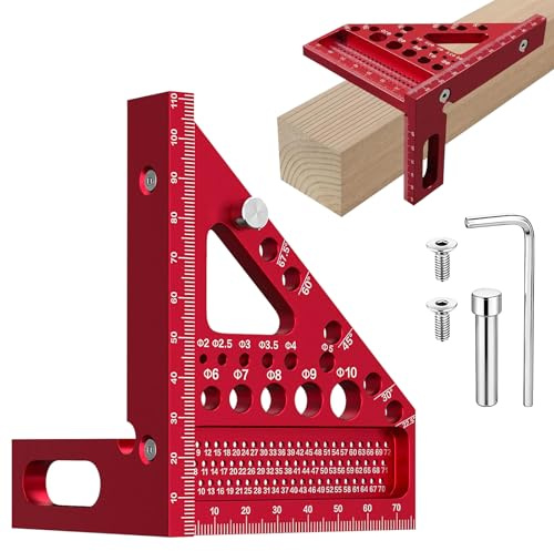 Tmefoy 3D-geringvinkel, 22,5–90° kombinationsvinkel av aluminiumlegering, högprecisions square, snickarvinkel med 11 borrhål, rivning, borrning och mätverktyg för snickare, ingenjörer (röd)