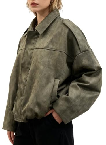 Jinsha Casual Oversized Faux Suede Bomber Jacket Women UK Fall Winter Zipper Cropped Coat Trendy Streetwear Outerwear Army-Green S