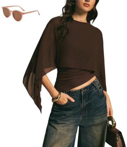 Générique Women's Elegant Chiffon Cape Sleeve Top,Sheer Mesh Asymmetrical Batwing Sleeve Shirts,Trendy Summer Dressy Blouse Shawl