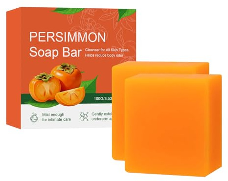 Persimmon tvålstycke, 2-pack, naturlig Kaki-tvål för äldre, kroppsluktkontroll, djuprengöring, fuktkräm, 100 g (2, 100 g)