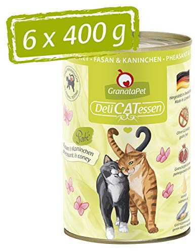 GranataPet DeliCatessen con fagiano e coniglio, cibo umido gatti, gustose scatolette gatto senza cereali e zuccheri aggiunti, alimento umido per gatti, 6 x 400 g