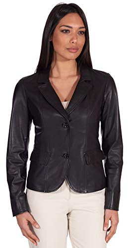 D'Arienzo Damen Italienische Lederblazer Schwarze Verschraubte Echtleder lammnappa Made in Italy FZ XS/schwarz