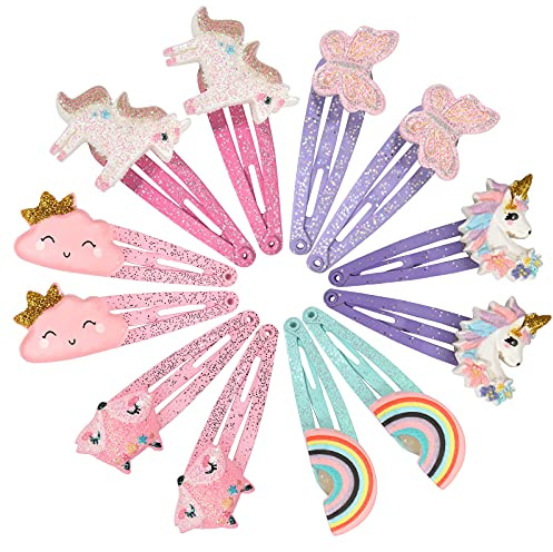 PinkSheep Unicorn Hair Clips Barrettes for Girls, 6 Pairs/12 Pack Fox Rainbow Cloud Shaped Hair Pins, Cute Hair Clips Metal Snap Barrettes Sparkly Hair Accessories For Baby Girls Teens Toddlers