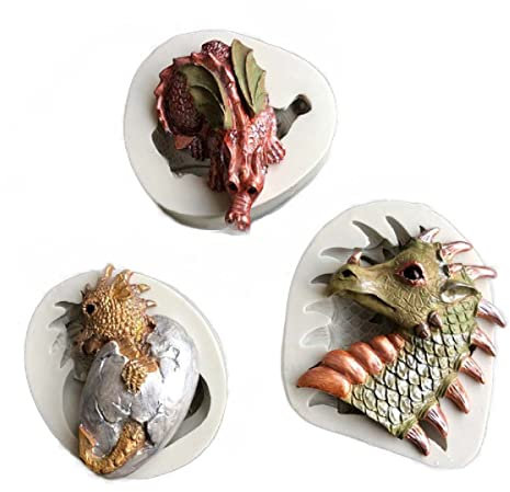 Xidmold 3 Stücke 3D Drachen Silikon Fondant Kuchen Formen Dinosaurier Silikonform Handgemachte Seifenformen Silikonformen, Kuchenform Fondantform Backform für Schokolade Muffin Cupcake
