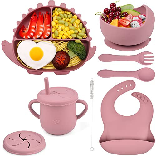 Delven Baby Geschirrset mit 8 Stück Silikon Kinderteller, Saugnapf Babyteller Schüssel, Lätzchen, Löffel, Gabel, Deckel - BPA Frei Rutschfest für Kleinkinder Mädchen, Rosa