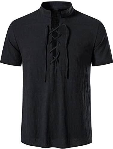 LUYANA Herren Baumwolle Klassisch Schottisch Jacobit Ghillie Kilt Shirt Sommer Kurzarm Schwarz L