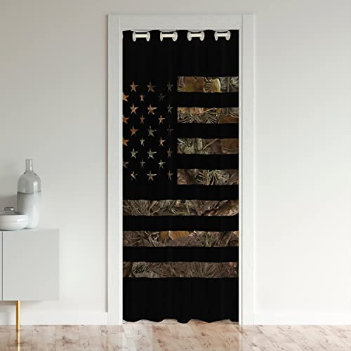 Erosebridal American Flag Camo Door Curtain,Military Hunting Blackout Curtain Rustic Trees Leaves Camouflage Door Drape, Nature Conifer Oak Branches Curtain, 80.00'' x 34.00''