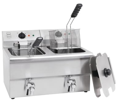 METRO Professional Freidora Doble GDF5028, Acero Inoxidable SS304, 2x 8 L, con Grifo, Regulador de Temperatura, Zona Fría, Plateado