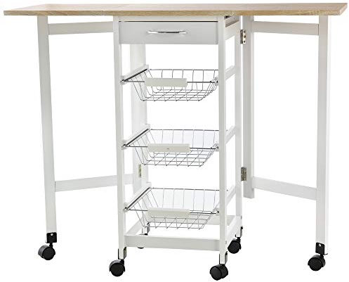HOMCOM Carrito de Cocina Plegable Carrito Auxiliar con 6 Ruedas 1 Cajón y 3 Cesta de Metal Carro de Servicio Multifuncional para Almacenamiento Carga 50 kg 97,2x37x77,5 cm Blanco y Roble