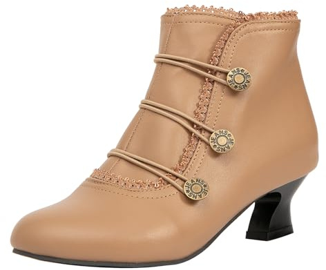getmorebeauty Women's Ankle Boots Low Heels Lace Buttons Round Toe Side Zipper Vintage Short Boots Autumn Winter（US8,NUDE）