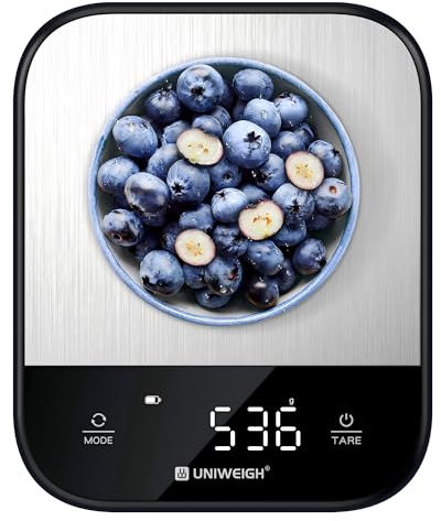 UNIWEIGH Lebensmittelwaage für die Küche,Digitalwaage Gramm und Unzen für Lebensmittelgewicht,Backen,Kochen,kleine Küchenwaage mit 7 Wiegeeinheiten/LED Display/Tara Funktion,Edelstahl,schwarz