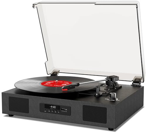 Vinylskivspelare med högtalare, klassisk Bluetooth-skivspelare med 3 hastigheter, USB-inspelning, AUX-ingång och RCA-linjeutgång, svart