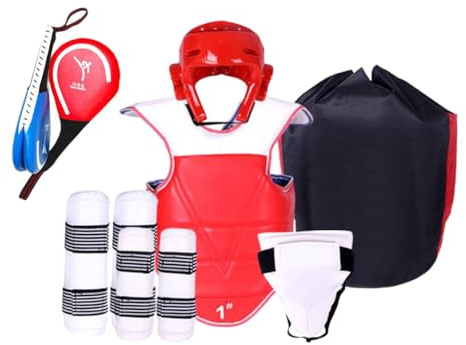 Baoblaze 6 Pezzi Taekwondo Equipaggiamento Protettivo Karate Sparring Gear Set per Adulti Bambini Protezione Completa Regolabile per Allenamento Sparring, Rosso, 150-160 cm