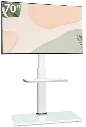 AOKCOS Supporto TV da Pavimento inclinabile per 32-55 65 70 Pollici, Girevole Altezza Regolazione Porta TV da Terra con mensola, Max VESA 400x400mm 40kg Bianco