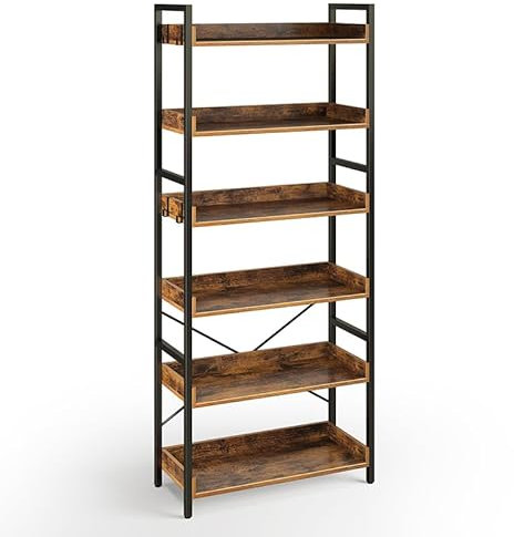 Rolanstar Bücherregal mit 6 Ebenen & 4 Haken, Holzregal mit Kantenschutz & offenes Regal, Standregal im Industriestil für Wohnzimmer, Schlafzimmer, Büro, 30 x 60 x 175cm