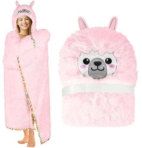 Gugxiom Fuzzy bärbar filt med huva, alpacka mysig filt med ärmar, vinterfilt för mamma, flickvän, jul, alla hjärtans dag, mödrar, presenter för vuxna (rosa alpacka)