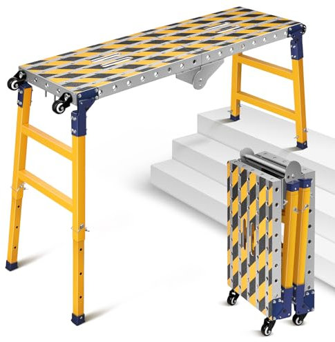 Plataforma de trabajo estable 2 en 1 + mesa de soldadura móvil con tiras adhesivas antideslizantes, altura ajustable de 60 a 90 cm, plataforma de trabajo plegable, de aluminio, banco de trabajo