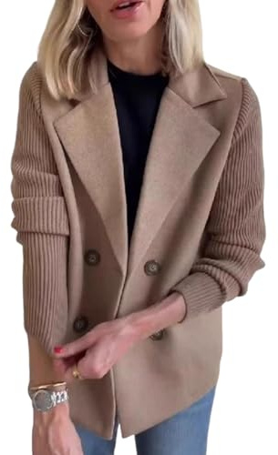 Nbzsmlkn Women's Lapel Button Knitted Patchwork Sleeve Casual Coat Cropped Pea Coat,Women's Winter Pea Coat Double Breasted Knitted Patchwork Blazer Sweater (Brown,M)